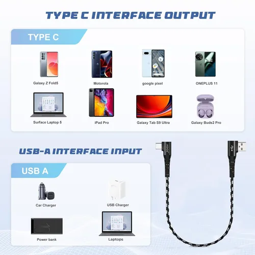 Vista 4 de AGOZ Cable USB C corto de 1 pie, cargador rápido de 90 grados, cable de ángulo recto compatible con Samsung Galaxy S26 S25 S24 S23 S22, A15 A16 A17