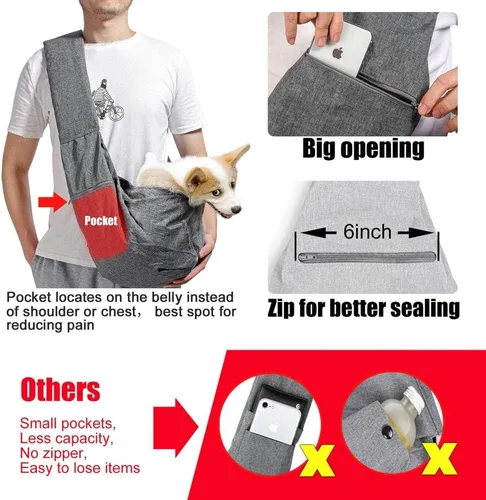 Vista 4 de Portamascotas para perros y gatos, con correa de hombro acolchada ajustable y bolsillo de malla, para paseos al aire libre