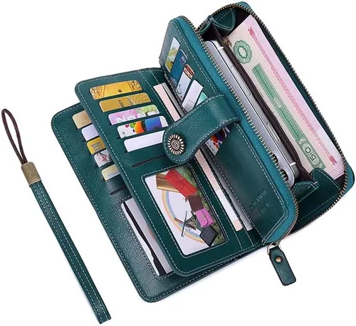 Vista 3 de Earnda Billetera para mujer tarjetero de cuero de gran capacidad para tarjetas de crédito RFID Azul_008 Casual