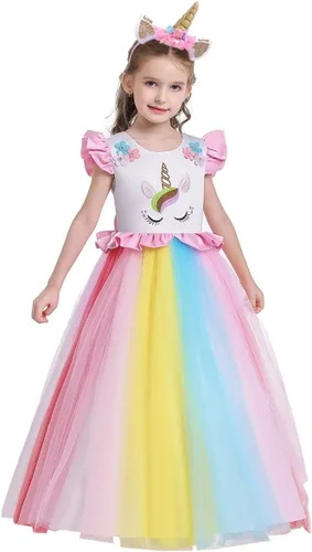 Vista 14 de Vestido de tul de unicornio arcoíris para niñas, vestido de princesa para cumpleaños, Halloween, Navidad, concurso de baile, fiesta de baile