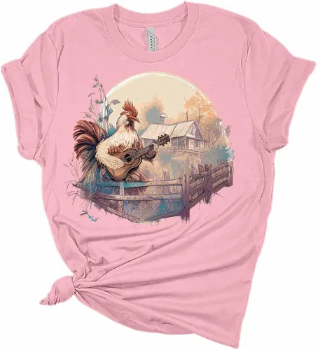 Vista 3 de Camiseta de manga corta para mujer, diseño de gallo tocando la guitarra