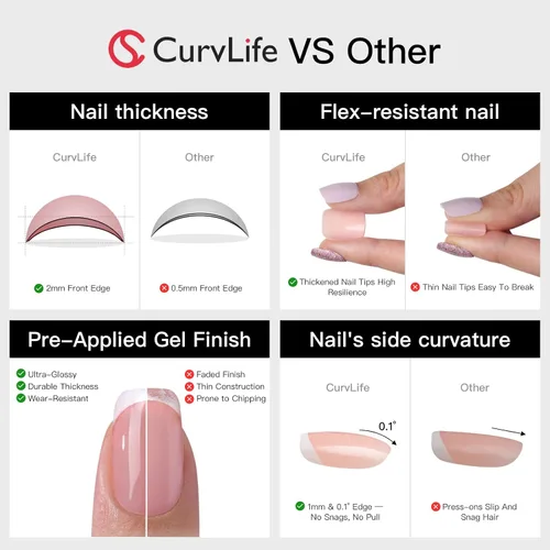 Vista 7 de CurvLife Uñas cortas a presión de almendra, gel suave de medianoche curva Curva de medianoche Nued