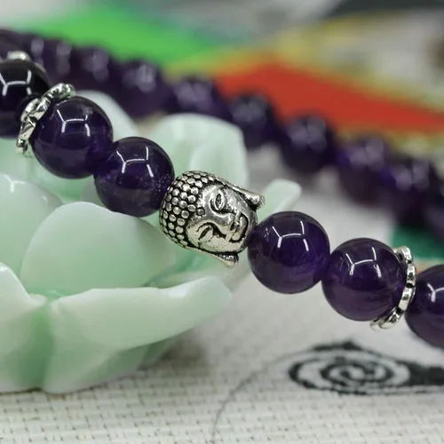 Vista 4 de Piedra preciosa natural con plata de ley 925 con cabeza de Buda de 0.315 in, cuentas redondas, pulsera elástica de 7 pulgadas Amatista
