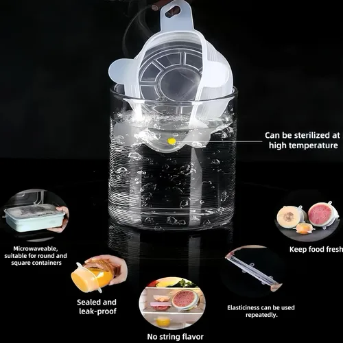 Vista 7 de Tapas elásticas reutilizables de silicona para almacenamiento de alimentos en el refrigerador, cubiertas redondas de silicona flexibles para tazones
