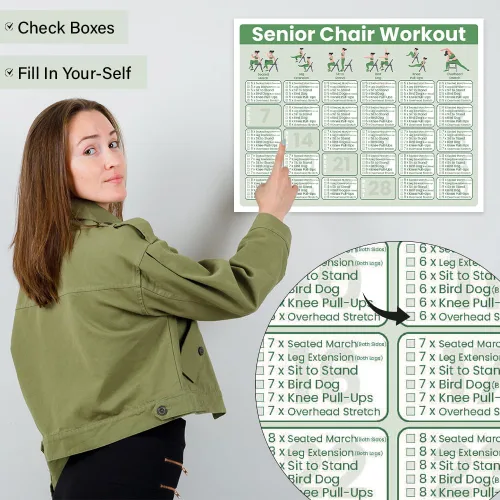 Vista 6 de Póster de Entrenamiento en Silla para Ejercicios de Personas Mayores, Tabla de Estiramiento y Ejercicios Suaves en Asiento de 30 Días