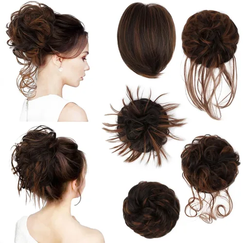 Vista 10 de HMD 5 piezas de moño despeinado para mujer, extensión de cabello con banda de goma elástica, extensión de cabello largo y desordenado, accesorios