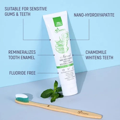 Vista 2 de Pasta dental natural sin flúor - Nano hidroxiapatita, remineralizante, para dientes sensibles, blanqueadora y tubo de cero desperdicio - Recomendada