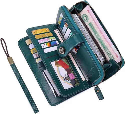 Vista 2 de Earnda Billetera para mujer tarjetero de cuero de gran capacidad para tarjetas de crédito RFID Negro_008 Casual