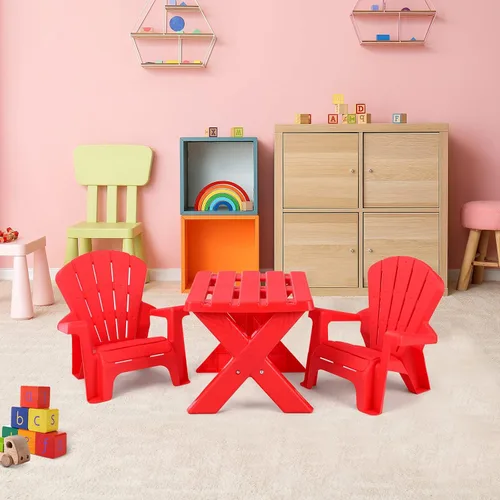 Vista 7 de COSTWAY Juego de mesa y silla para exteriores para niños, mesa de juego para niños con 2 sillas Adirondack, 3 muebles de patio trasero para niños