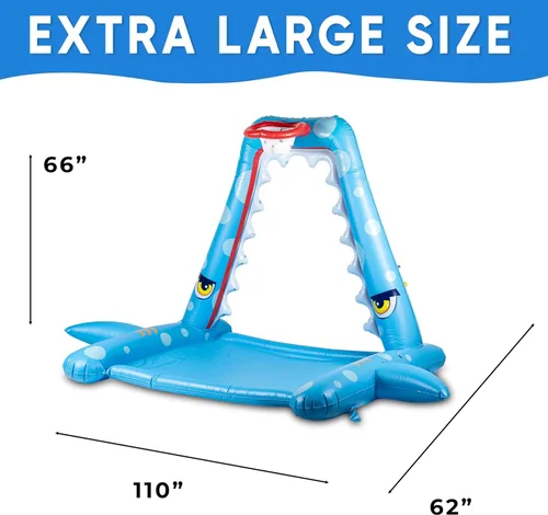 Vista 4 de Zone Tech - Aspersor de salpicaduras para niños al aire libre, gran aspersor inflable de tiburón con aro de baloncesto, almohadilla de salpicaduras