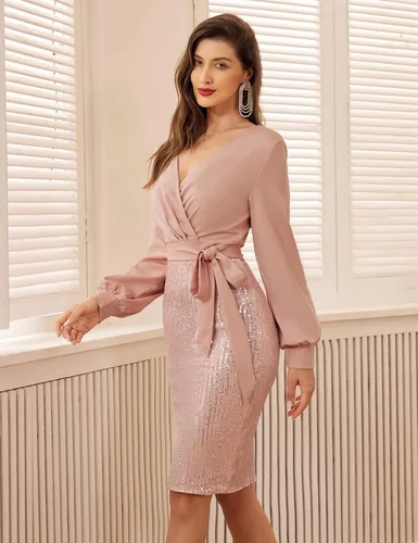 Vista 2 de GRACE KARIN Vestido de fiesta brillante con lentejuelas para mujer, vestido de cóctel ajustado con purpurina de manga larga