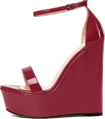 Vista 2 de WAYDERNS Sandalias de tacón alto con plataforma y correa de tobillo para mujer, con hebilla de noche, puntera abierta, de moda, de charol, de 6
