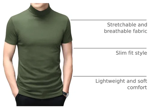 Vista 4 de Men's T Shirt Short Sleeve Basic Mock Turtleneck Tops Verde militar