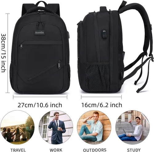 Vista 2 de Mochila Asenlin para portátil de viaje para mujeres y hombres, mochila resistente al agua para negocios, delgada y resistente, con puerto USB