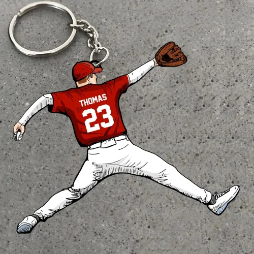 Vista 2 de Llavero de béisbol personalizado con forma plana, llavero de béisbol personalizado con nombre, llavero de regalo de béisbol personalizado, llavero