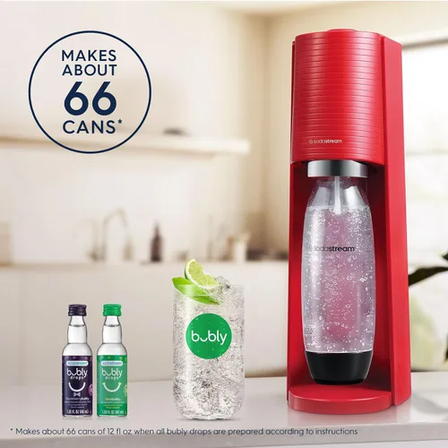 Vista 5 de SodaStream Terra - paquete para agua con gas (rojo), con CO2, botellas DWS y sabores Bubly Drops