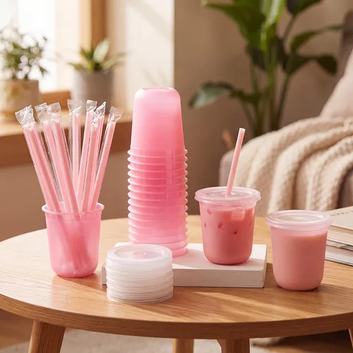 Vista 2 de Lounsweer 15 vasos transparentes reutilizables con tapas y pajitas, 12 Rosa