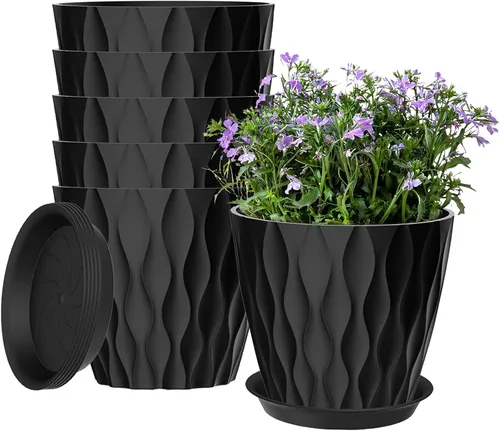 Vista 11 de Paquete de 6 macetas de 7 pulgadas con drenaje y platillos, macetas de plástico multicolor para plantas de interior y exterior, macetas apilables