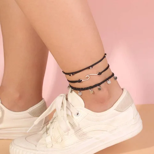 Vista 2 de Pulseras de tobillo impermeables con cuentas, pulseras de tobillo de playa con olas, pulseras de tobillo de acero inoxidable con monedas, joyería