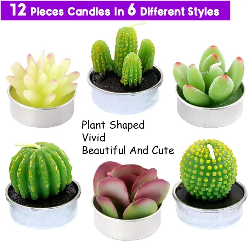 Vista 3 de Swpeet Juego de 12 velas decorativas de cactus suculentas, bonitas plantas suculentas sin humo, perfectas para velas, festivales, bodas, fiestas