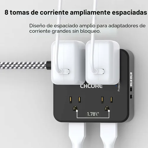 Vista 4 de Protector de Sobretensiones Tira de Alimentación - CHCORE Cable de Extensión Trenzado de 5 Pies con 8 Tomas con 4 Puertos USB (2 USB C) Estación