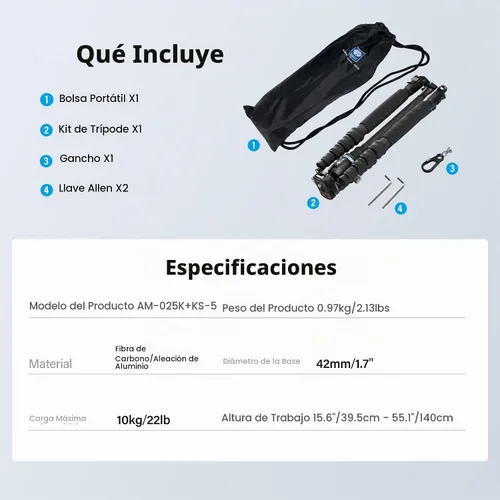 Vista 9 de SIRUI Trípode de viaje de fibra de carbono - Trípode compacto ligero de 55.1 pulgadas con cabezal de bola panorámica de 360°, placa de liberación