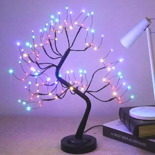 Vista 10 de 108 luces LED para árbol de mesa, 20 pulgadas, lámpara artificial de árbol bonsái parpadeante con 8 modos de iluminación y temporizador, decoración