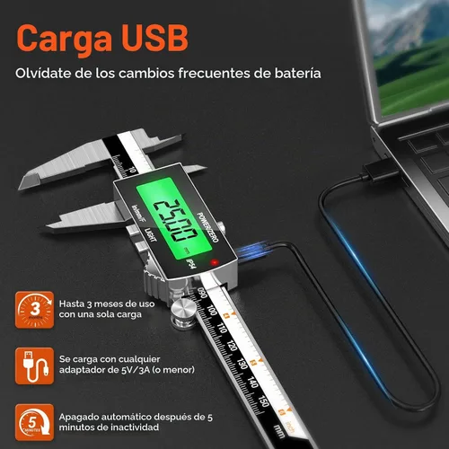 Vista 2 de Preciva Calibre digital de retroiluminación, micrómetro electrónico recargable impermeable IP54 de 6 pulgadas con pantalla LCD, conversiones