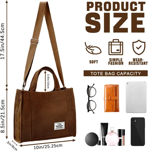 Vista 2 de Corduroy Tote Bag for Women Small Satchel Bag Mini Tote Bag Aesthetic Crossbody Handbag - School Work Travel Shopping