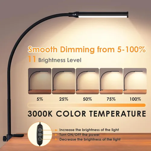 Vista 2 de Lámpara de escritorio LED ShineTech con abrazadera, 3000K Blanco Cálido, 11 niveles de brillo, luces de pinza para el cuidado de los ojos para hogar