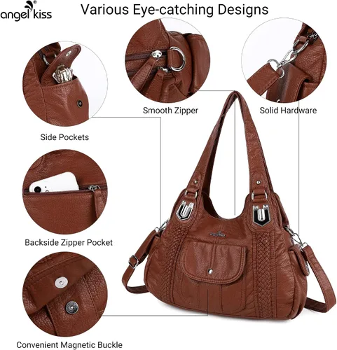 Vista 5 de Angelkiss - Bolsos y bolsos de mano para mujer, de cuero vegano lavado, bolso cruzado estilo hobo