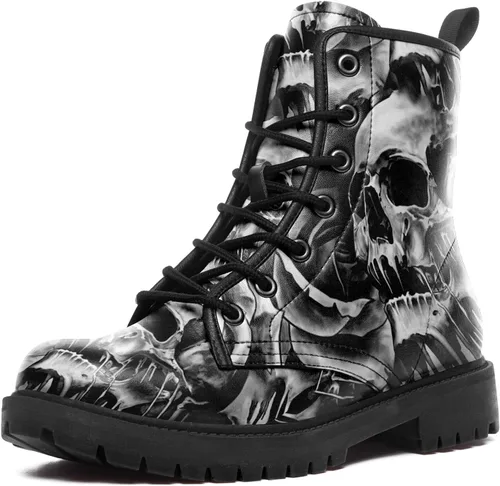 Vista 10 de Botas de combate negras personalizadas para mujer, con lazada, estilo cráneo y rosa, botas de tacón grueso y plataforma de cuero
