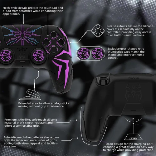 Vista 6 de PlayVital Design for ps5 Controller Silicone Case with 2 Thumb Grips and 6 Sticker, Cyber Spider Design, Anti-Slip Shockproof Controller Cover Skin