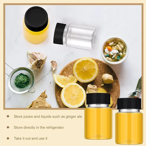 Vista 6 de Lallisa 50 botellas de plástico de 2 onzas con tapas, mini botella de jugo transparente con tapa, recipientes de jengibre reutilizables a prueba