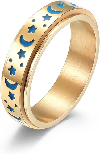 Vista 7 de Anillo Giratorio de Acero Inoxidable, Anillo Luminoso Rotatable de Luna y Estrella, Anillos de Dedo para Ansiedad, Anillo de Halloween, Anillo