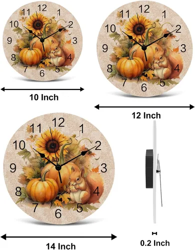 Vista 7 de Reloj de pared silencioso de PVC de 10 pulgadas, redondo, con girasol, calabaza, otoño, Acción de Gracias, reloj colgante para cocina, sin tictac