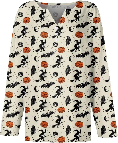 Vista 3 de YUTANRAL Camisetas de otoño 2023 para mujer, con cuello Henley, de manga larga, elegantes, informales, con estampado floral, básicas, túnica