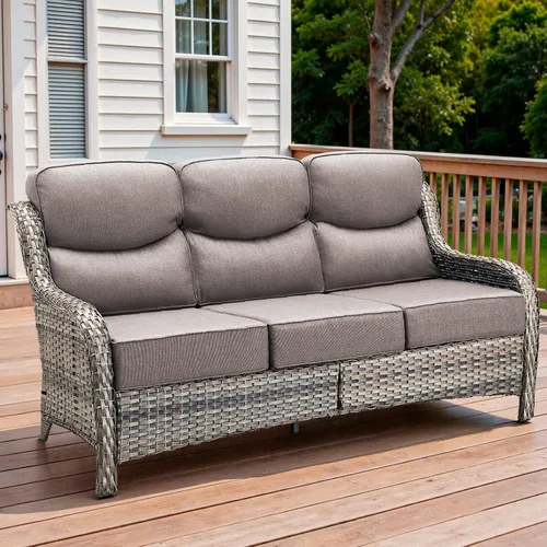 Vista 26 de Sofá de lujo para patio al aire libre, sofá de mimbre resistente para todo tipo de clima, sofá de 3 plazas con asiento profundo y funda extraíble