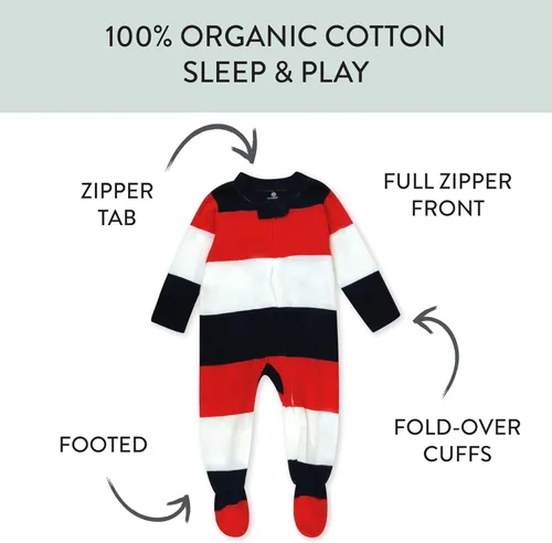 Vista 3 de HonestBaby Baby-Boys Classics Sleep & Play Footed One-piece Pajama Sleeper 100% Organic Cotton Raya Negrita Rojo Blanco Blu