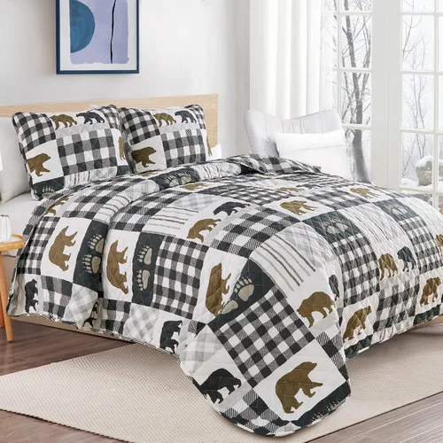 Vista 2 de Market & Place Edredón rústico tamaño individual Juego de 2 piezas de cobija estilo cabaña con funda de almohada Edredón reversible estilo casa