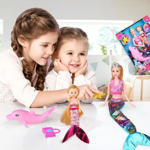 Vista 6 de Juego de muñecas mágicas de sirena para niñas de 4 a 7 años, muñecas de princesa gemelas con delfín morado que cambia de color, trajes de verano