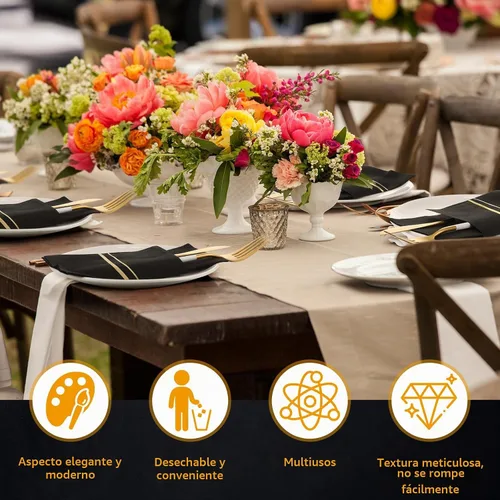 Vista 3 de Paquete de 100 servilletas de cena negras y doradas con bolsillo para cubiertos Disposable Linen Feel Guest Napkins, Gold Trim Lined Pre Folded