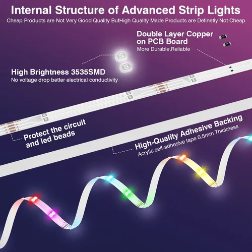 Vista 2 de Tira de luces LED para dormitorio, 2025 doble fila de 30.5 m, 960 LEDs RGB, tiras de luces sincronizadas con música, cambio de color, control remoto