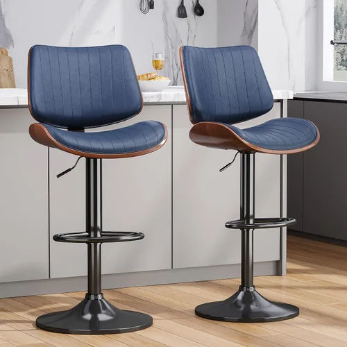 Vista 13 de Juego de 1 taburetes de bar giratorios de madera curvada ajustables para encimera de cocina, moderna silla de bar tapizada de piel sintética