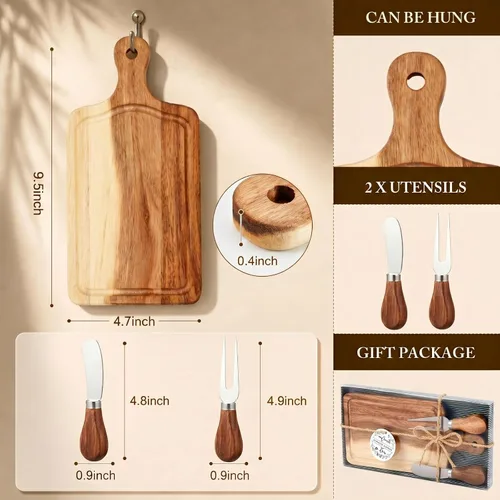 Vista 2 de Ziliny Tabla cuadrada de madera de queso con cuchillo y tenedor, con caja y etiqueta de agradecimiento, para San Valentín, despedida de soltera