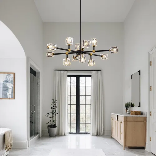 Vista 4 de Candelabro de Cristal Negro, Lámparas de Araña Sputnik con 12 Luces, Lámpara de Techo Moderna Ajustable en Altura Semiempotrada para Comedor, Isla