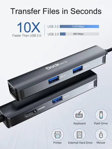 Vista 3 de Hub Ethernet USB C, adaptador multipuerto 5 en 1 de dockteck con USB C a 4K HDMI, LAN de 1 Gbps, 3 USB 3.0, para MacBook Air/Pro, iPad Air/Pro