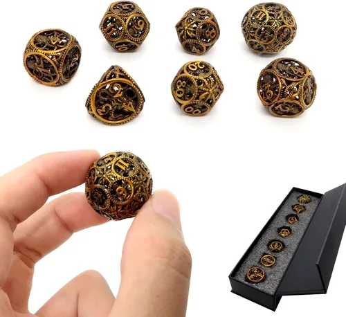 Vista 8 de Dados DND, dados de metal huecos D&D, juego de dados de mazmorras y dragones con caja de regalo, 7 piezas de juegos de dados poliédricos steampunk