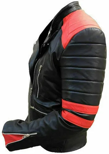 Vista 2 de Cafe Racer - Chaqueta para hombre, diseño de rayas rojas, acolchada, vintage, de cuero negro