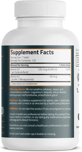 Vista 2 de Bronson Suplemento de Vitamina K2 D3 (MK7) Fórmula No-GMO Vitamina D3 5000UI (125 mcg) & 90 mcg K2 MK-7, Complejo D & K Fácil de Tragar, 120 Tabletas